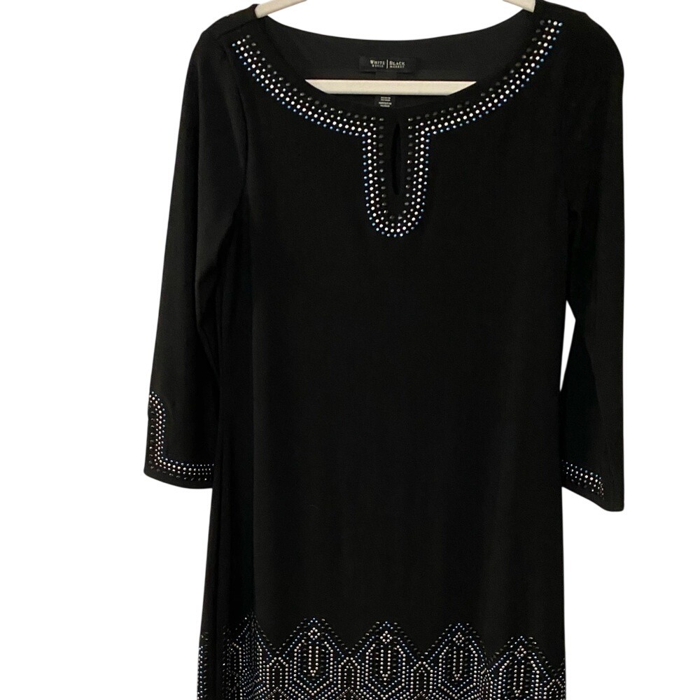 White House Black‎ Market Beaded Dress S Black 3/4 Sleeve Classy Party Elegant